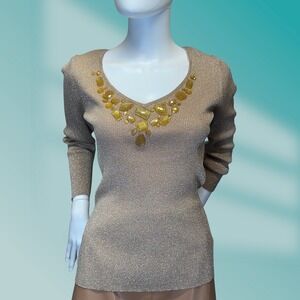 August Silk Womens Gold Sparkle Top Beaded Embellishments Sz Med Lots of Stretch